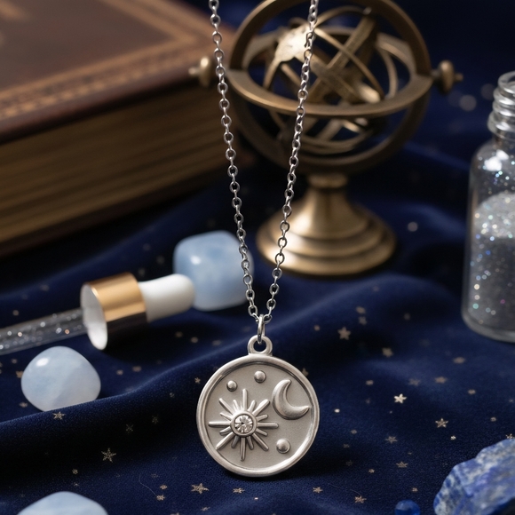 🆕️Celestial Sun & Moon Necklace 18K White Gold Plated Stainless Steel Medallion - Picture 9 of 11